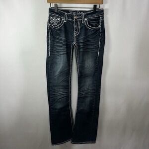 Y2K LA Idol Pants Women Sz 3 Dark Wash Embellished Low Rise Bootcut Jeans Bling